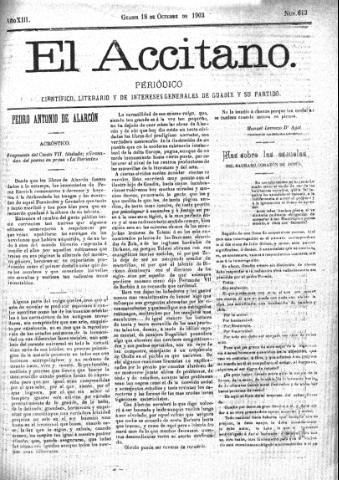'El accitano  : periódico científico, literario y de intereses generales de Guadix y su partido' - Año XIII Número 613  - 1903 octubre 18