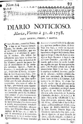 'Diario noticioso, curioso, erudito y comercial público y económico' - Número 24 - 1758 marzo 31