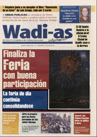 'Wadi-as información : periódico semanal de la comarca de Guadix.' - Año I Número 74 - 2003 septiembre 5