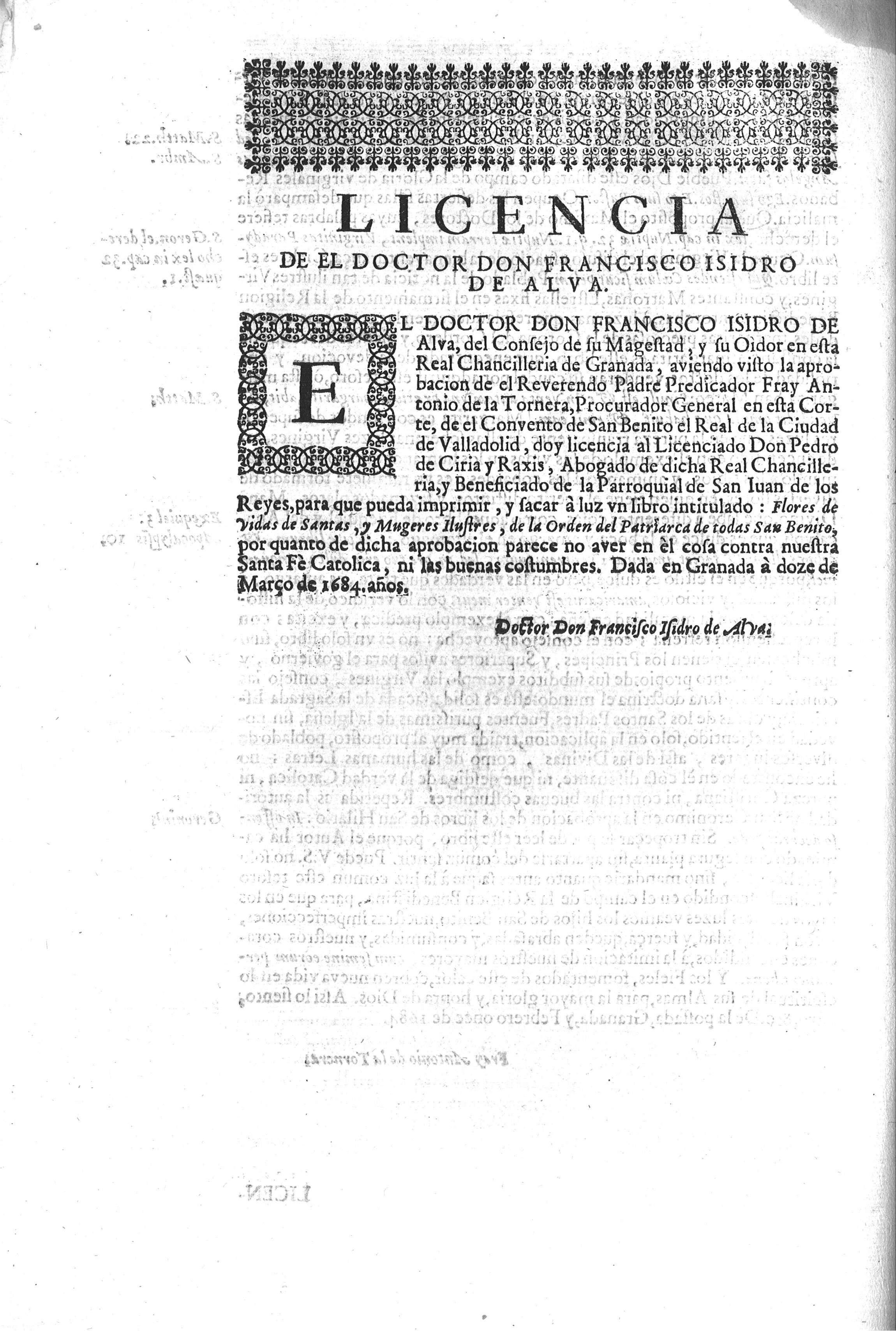 Licencia de el Doctor Don Francisco Isidro de Alva