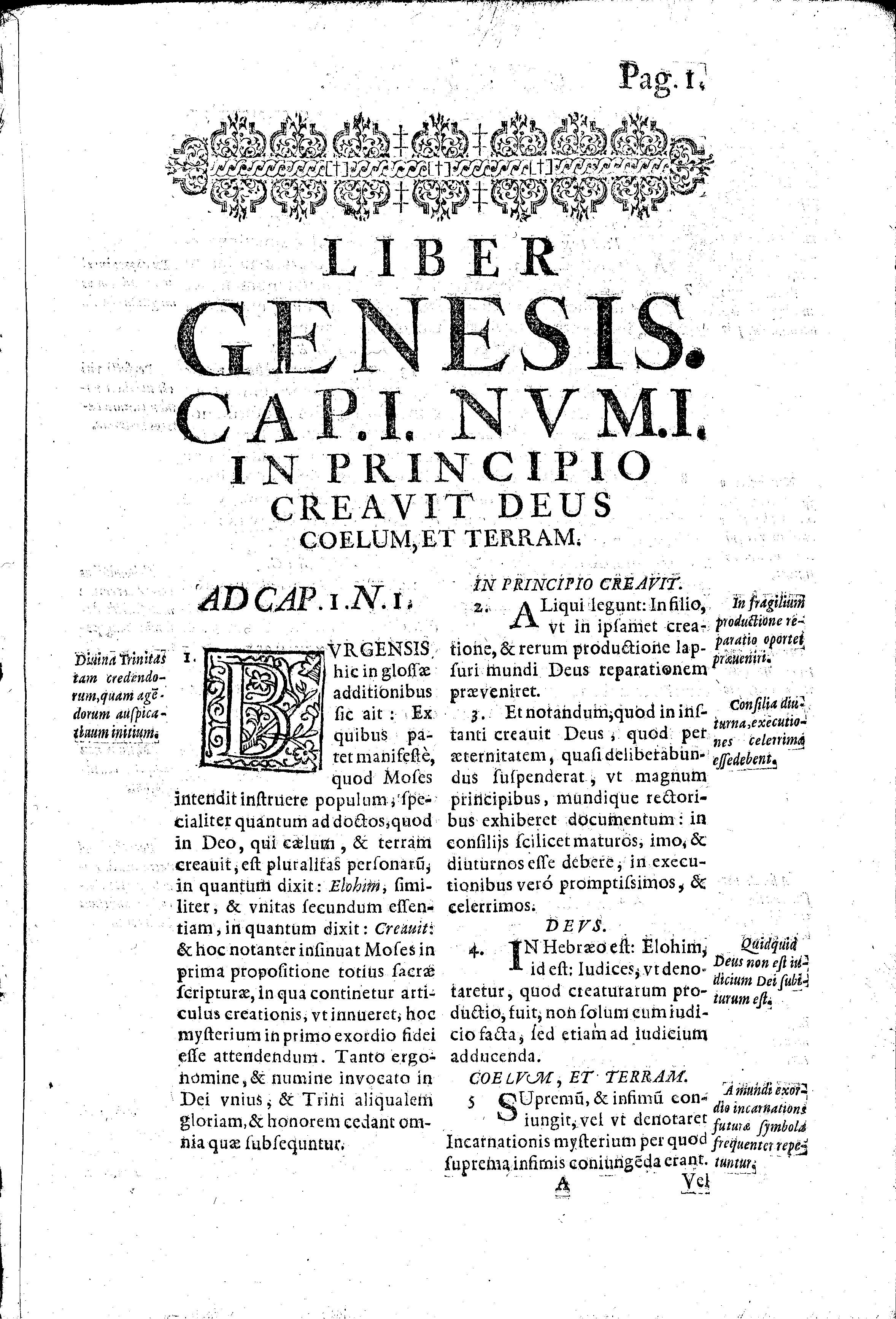 Liber Genesis. Cap.I. Nvm.I. In principio creavit Deus coelum et terram