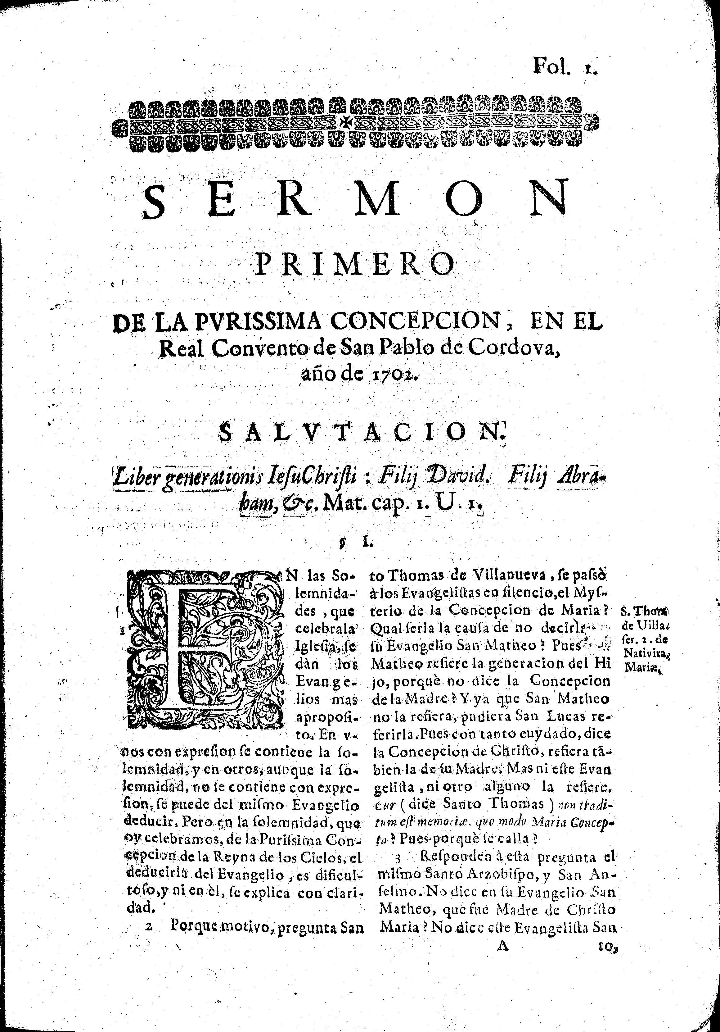Sermon Primero. De la Pvrissima Concepcion, en el Real Convento de San Pablo de Cordova, año de 1702