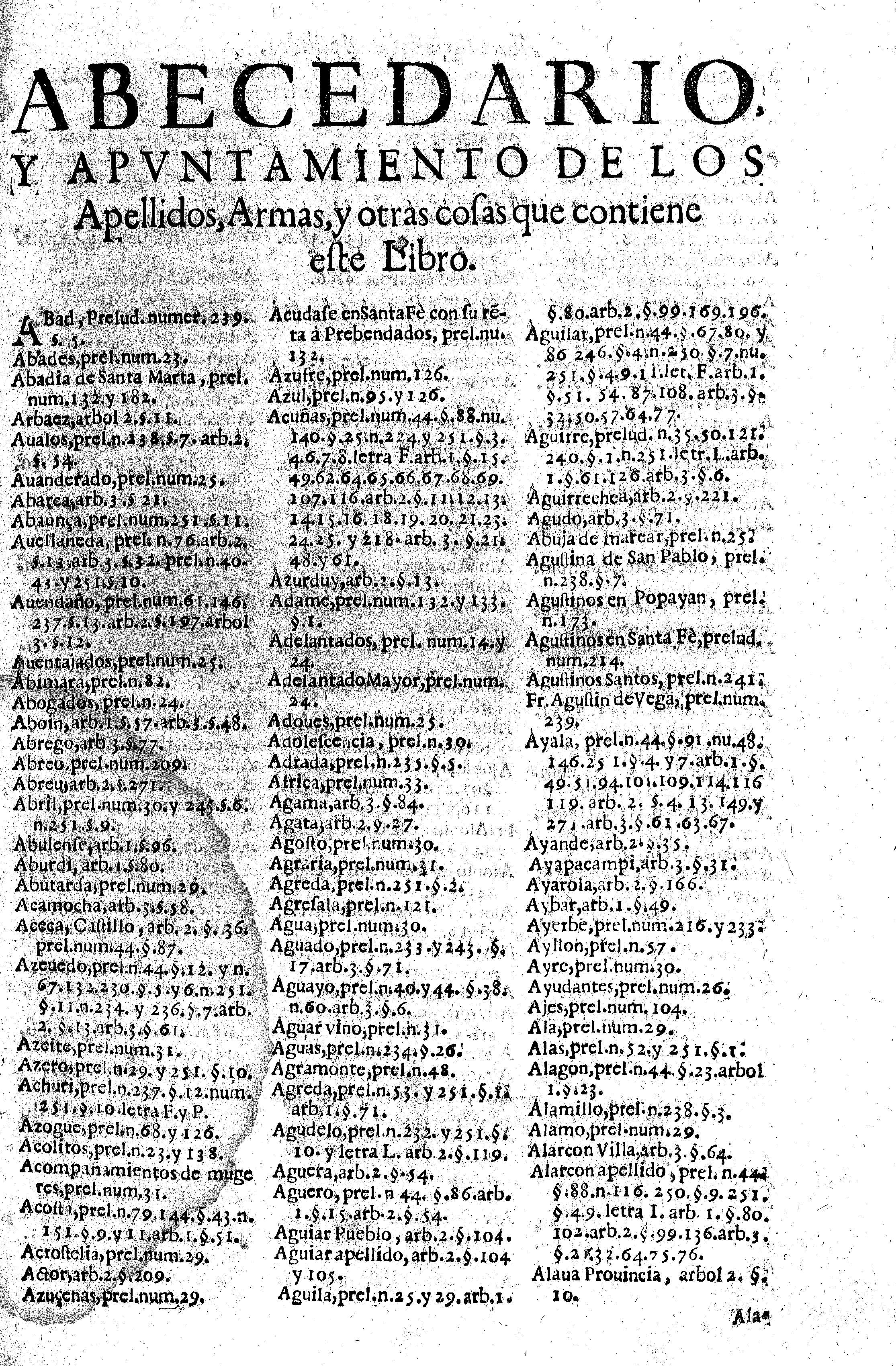 Abecedario y apvntamiento de los Apellidos, Armas, y otras cofas que contiene efte Libro