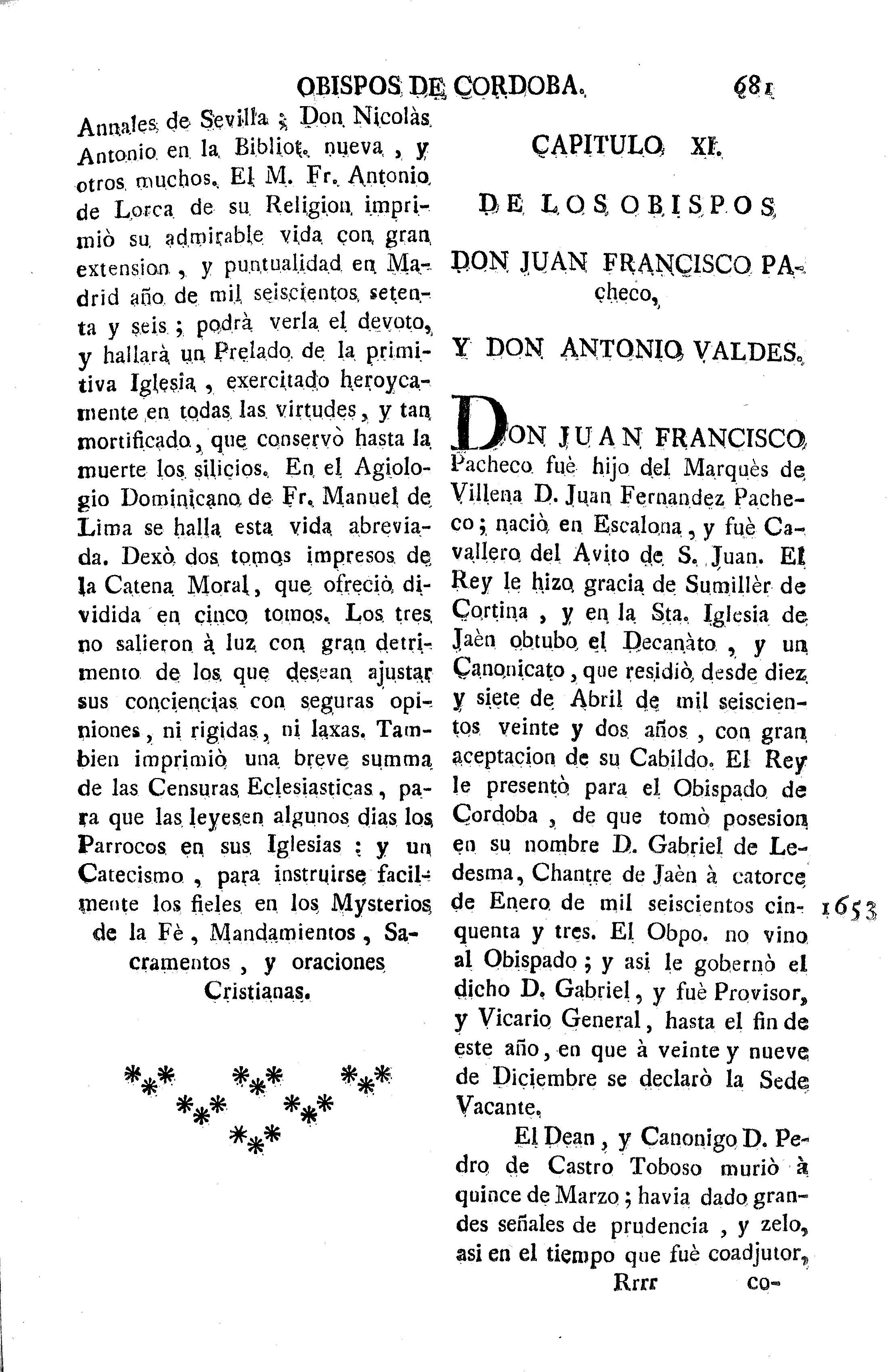 Capitulo XI. De los obispos Don Juan Francisco Pacheco, y Don Antonio Valdes