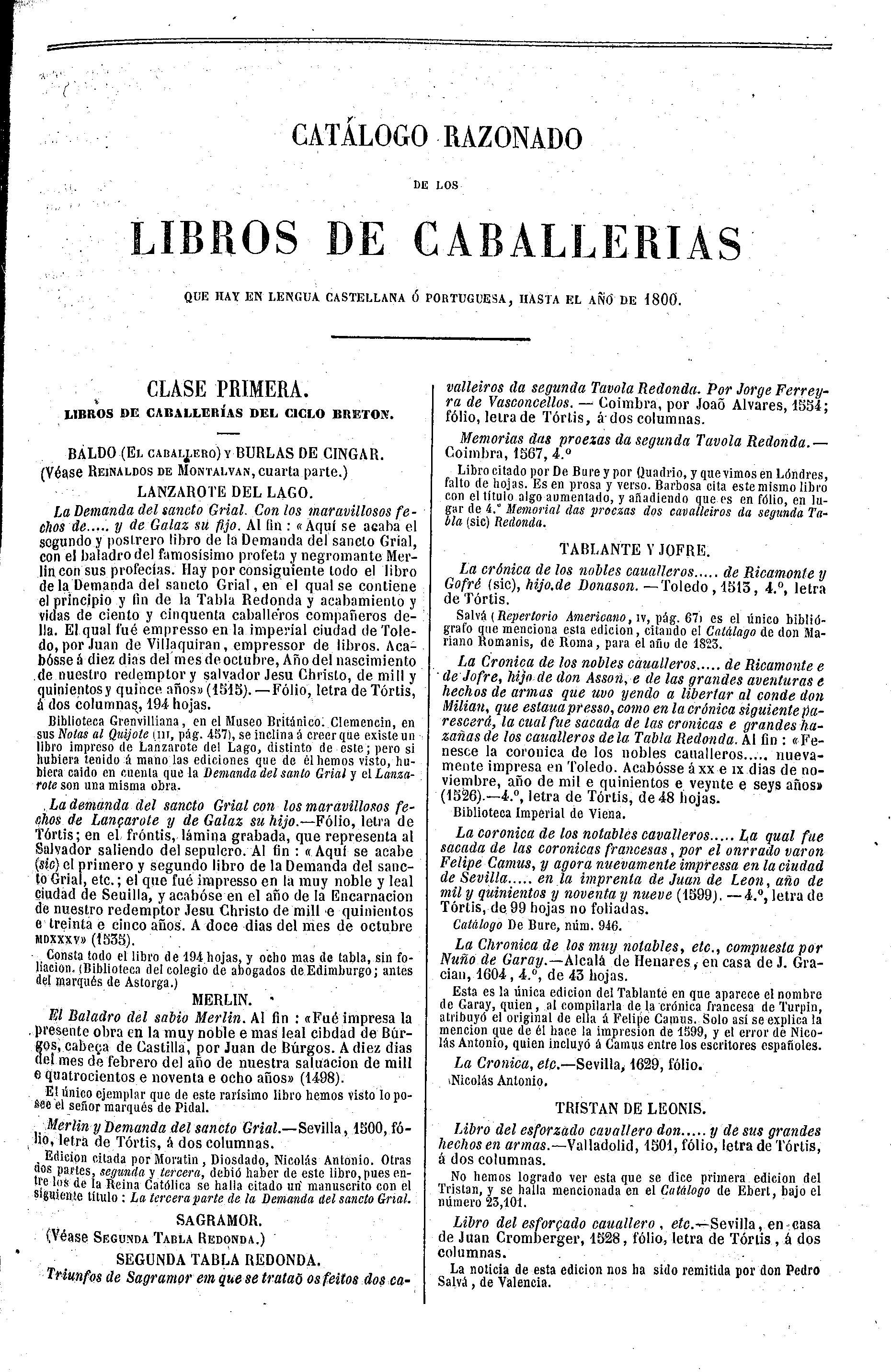 Catálogo razonado de los Libros de Caballería que hay en lengua castellana ó portuguesa, hasta el año de 1800