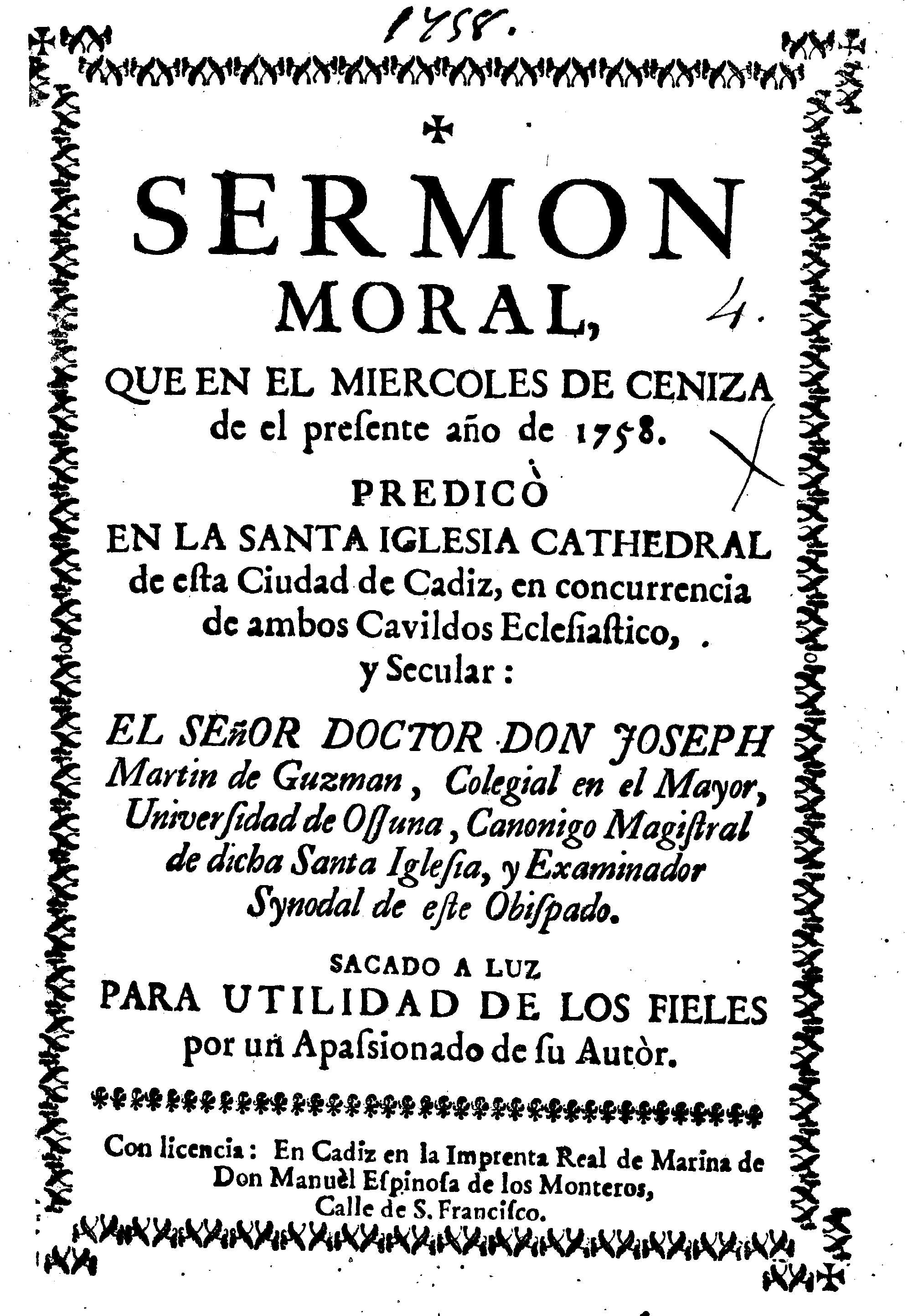Sermon moral, que en el miercoles de ceniza de el presente año de 1758 ...