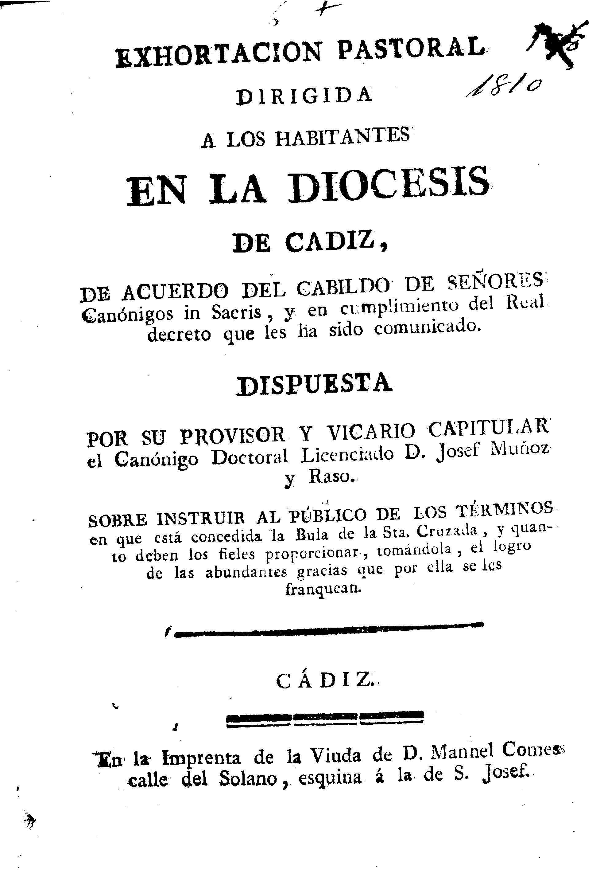 Exhortacion pastoral dirigida a los habitantes en la Diocesis de Cadiz ...
