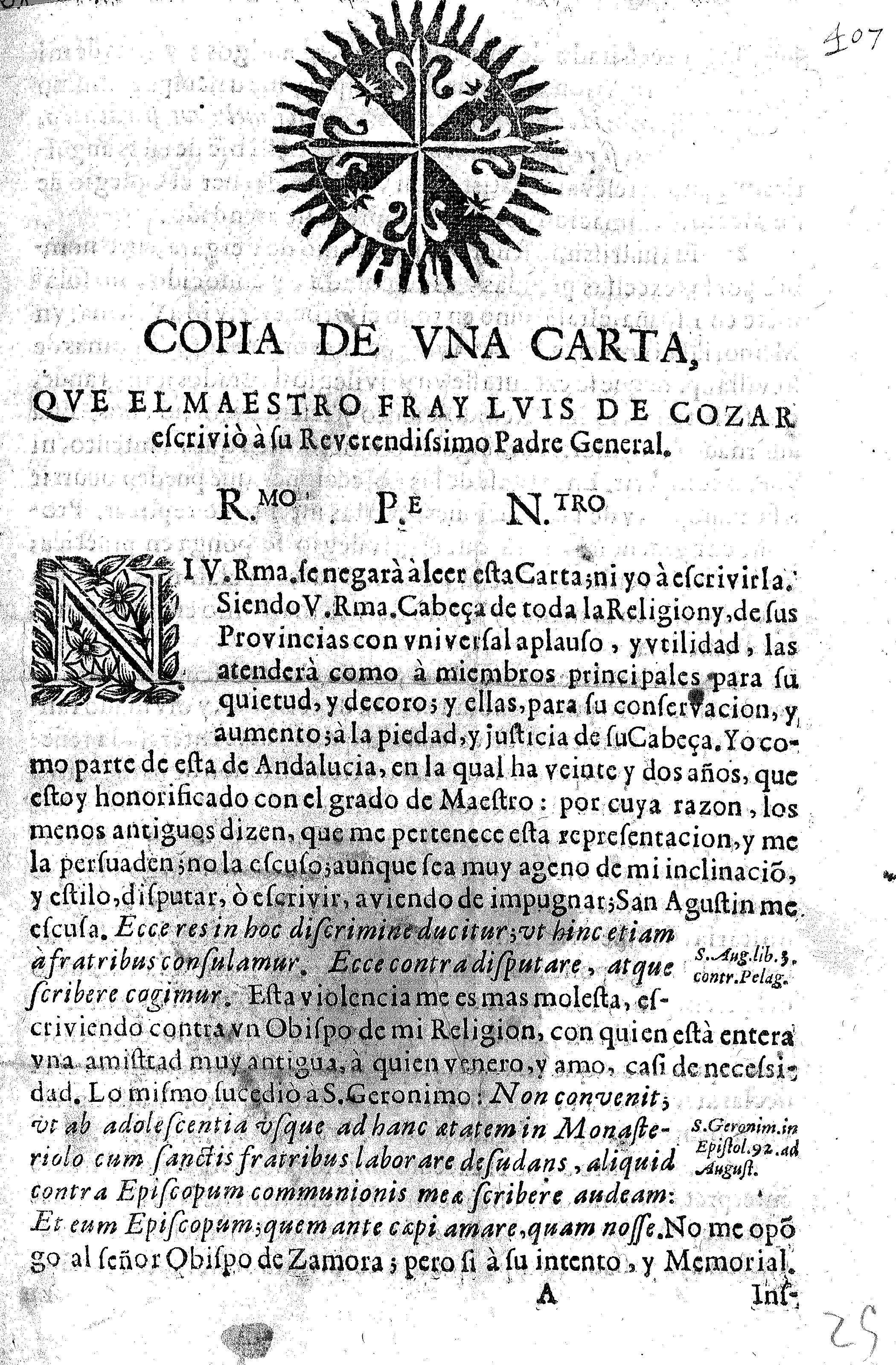 Copia de una carta, que el maestro Fray Luis de Cozar ecrivió a su Reverendissimo Padre General