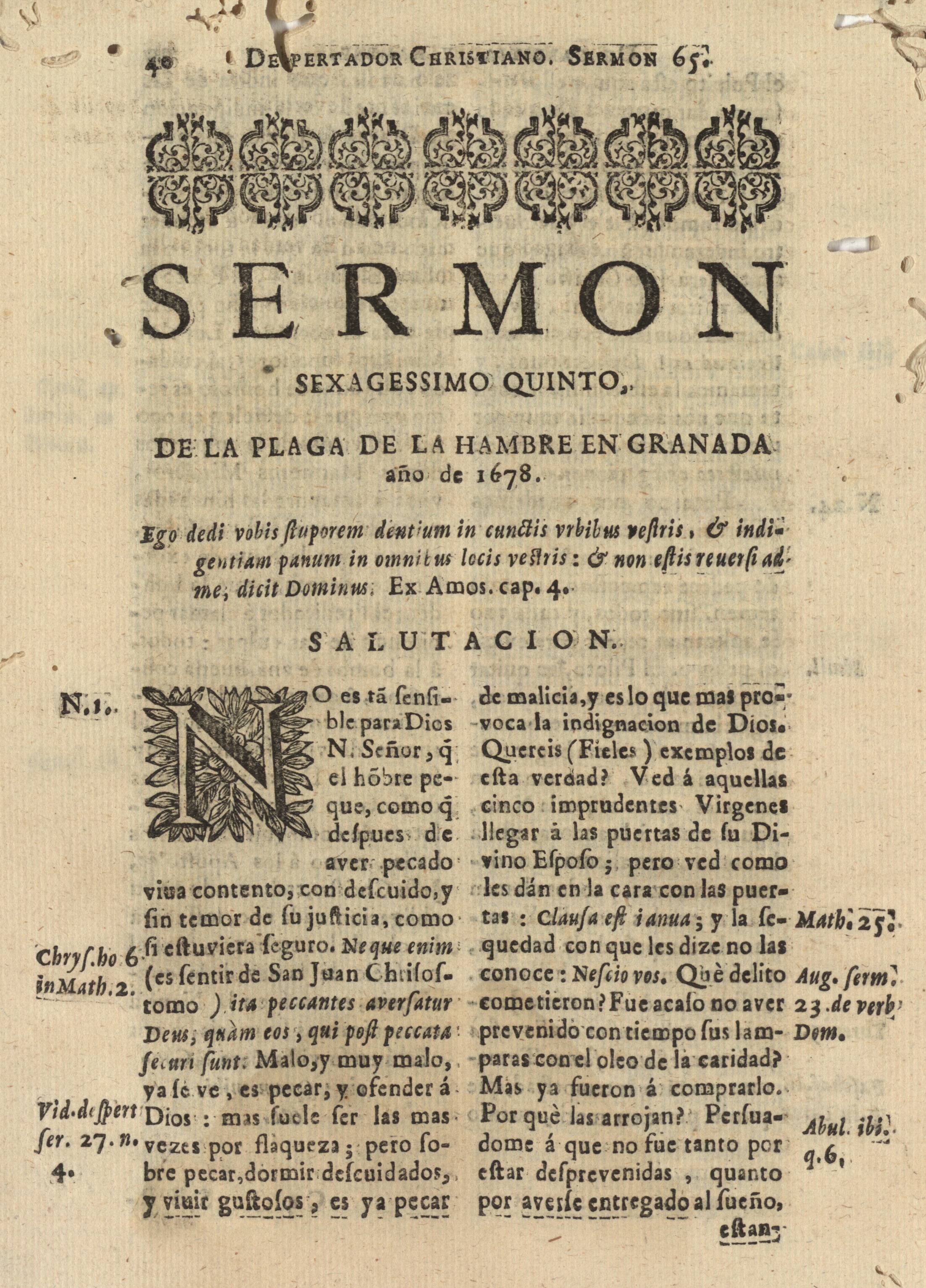 Sermon sexagessimo quinto, de la plaga de la hambre en Granada año de 1678