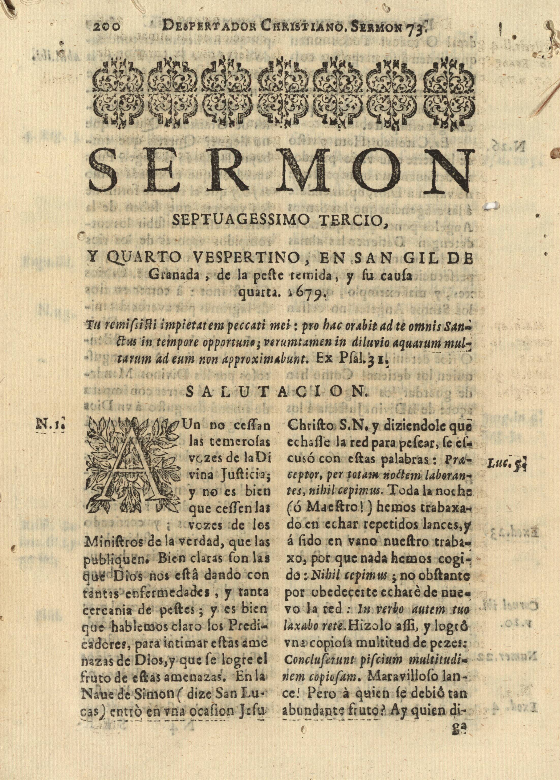 Sermon septuagessimo tercio, y quarto vespertino, en San Gil de Granada, de la peste temida, y su causa quarta 1679