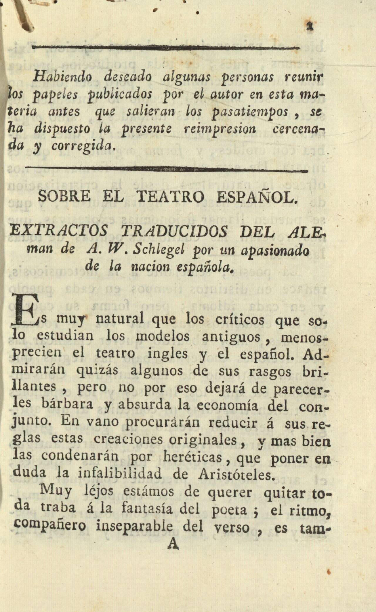 Sobre el teatro español. Extractos traducidos del aleman de A. W. Schlegel por un apasionado de la nacion española