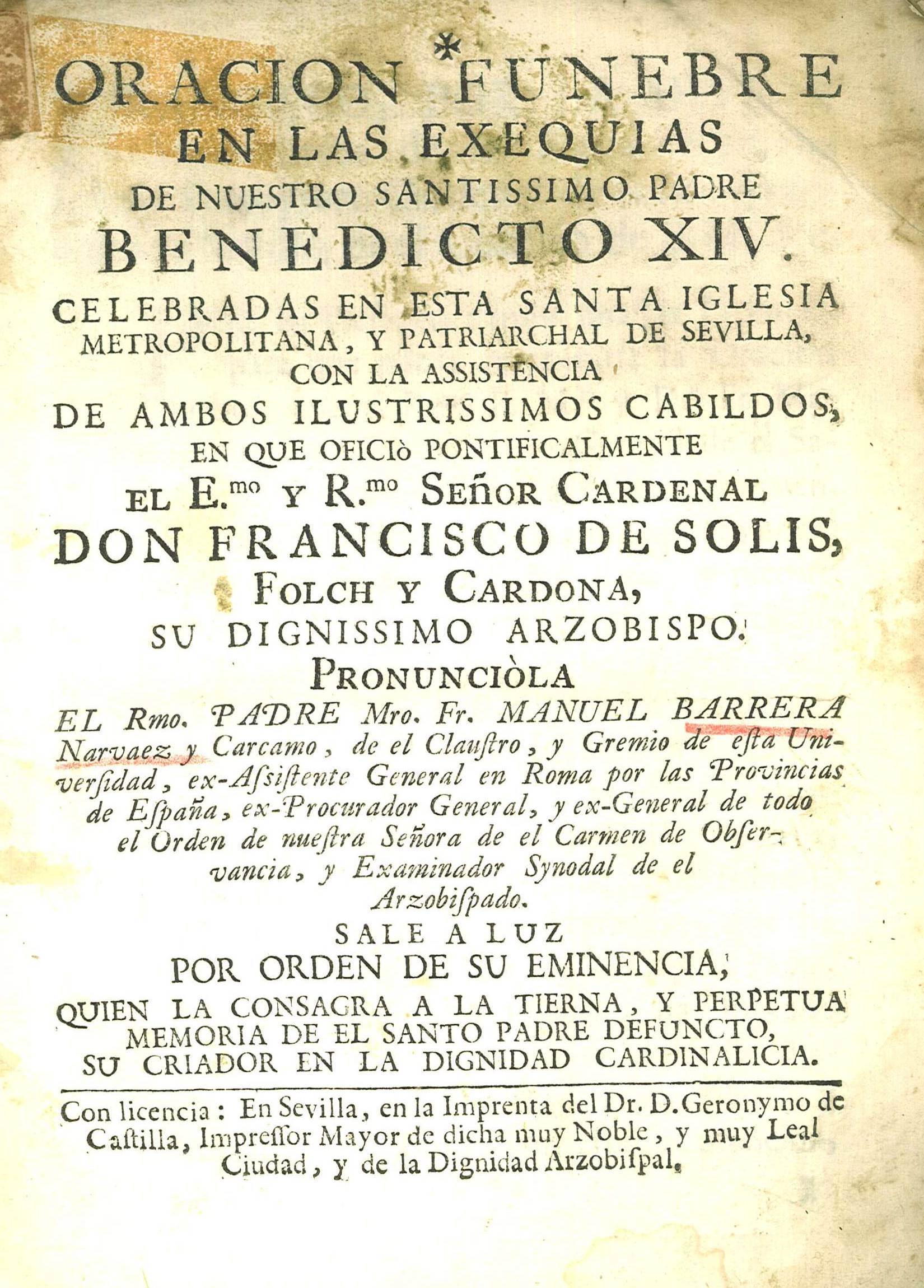 Oracion funebre en las exequias de Nuestro Santissimo Padre Benedicto XIV...