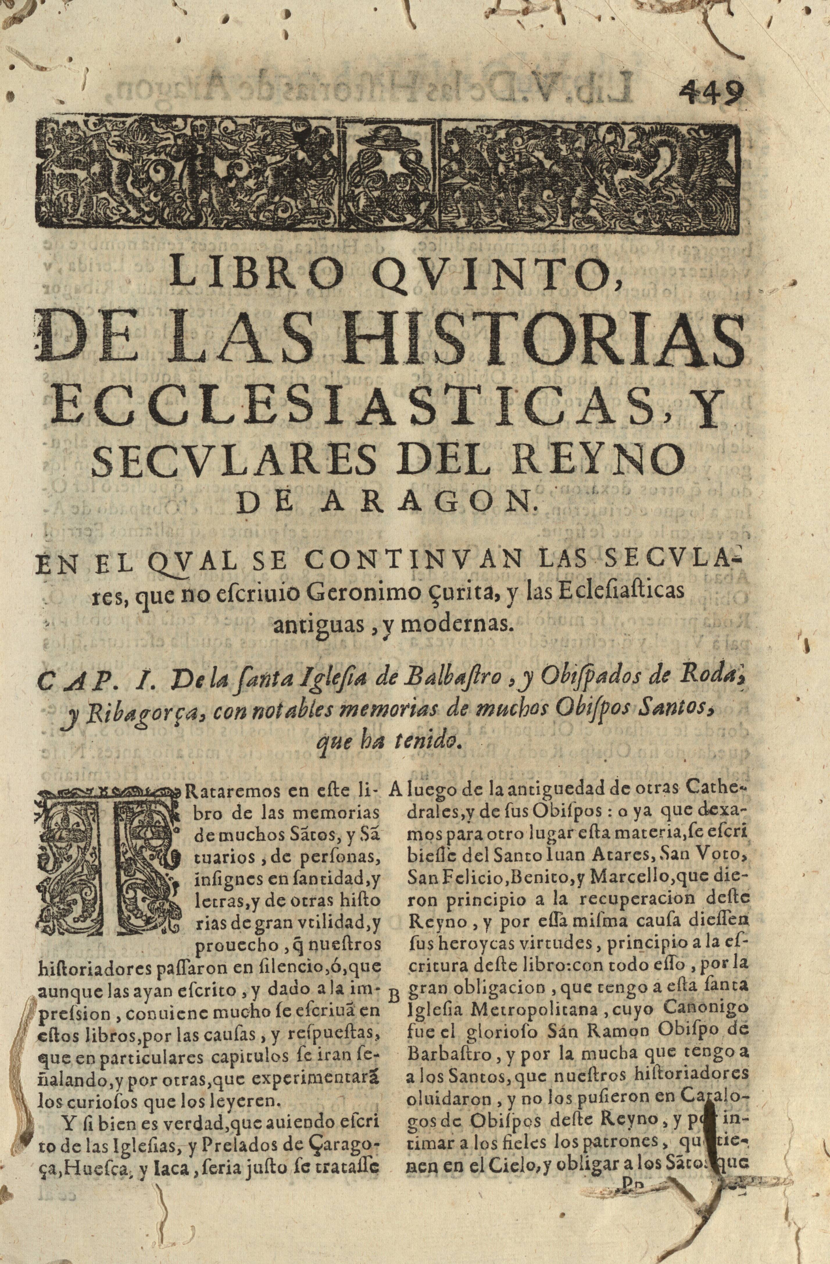 Libro qvinto, de las historias ecclesiasticas, y secvlares del reyno de Aragon