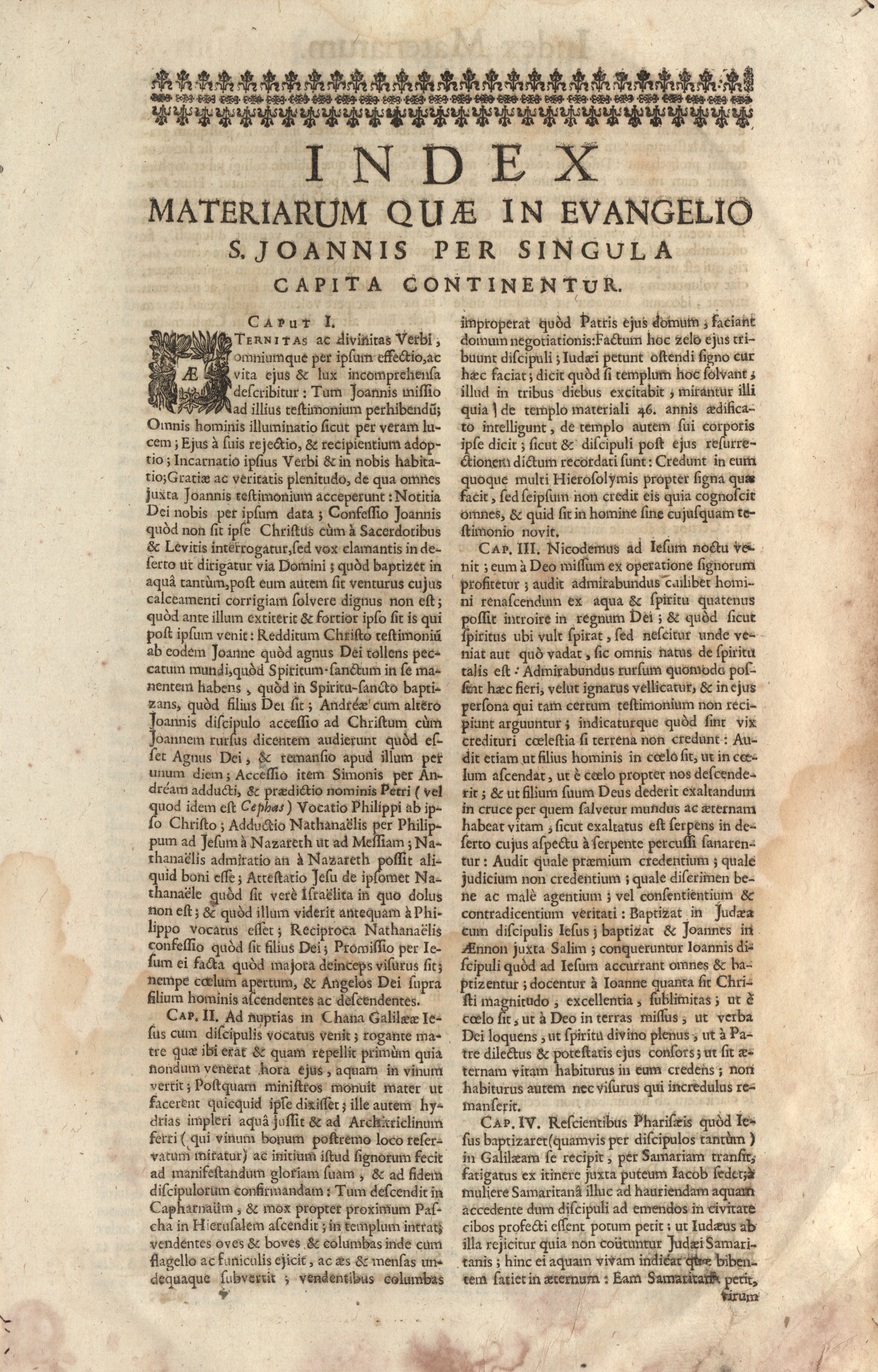 Index materiarum quae in evangelio S. Joannis per singula capita continentur