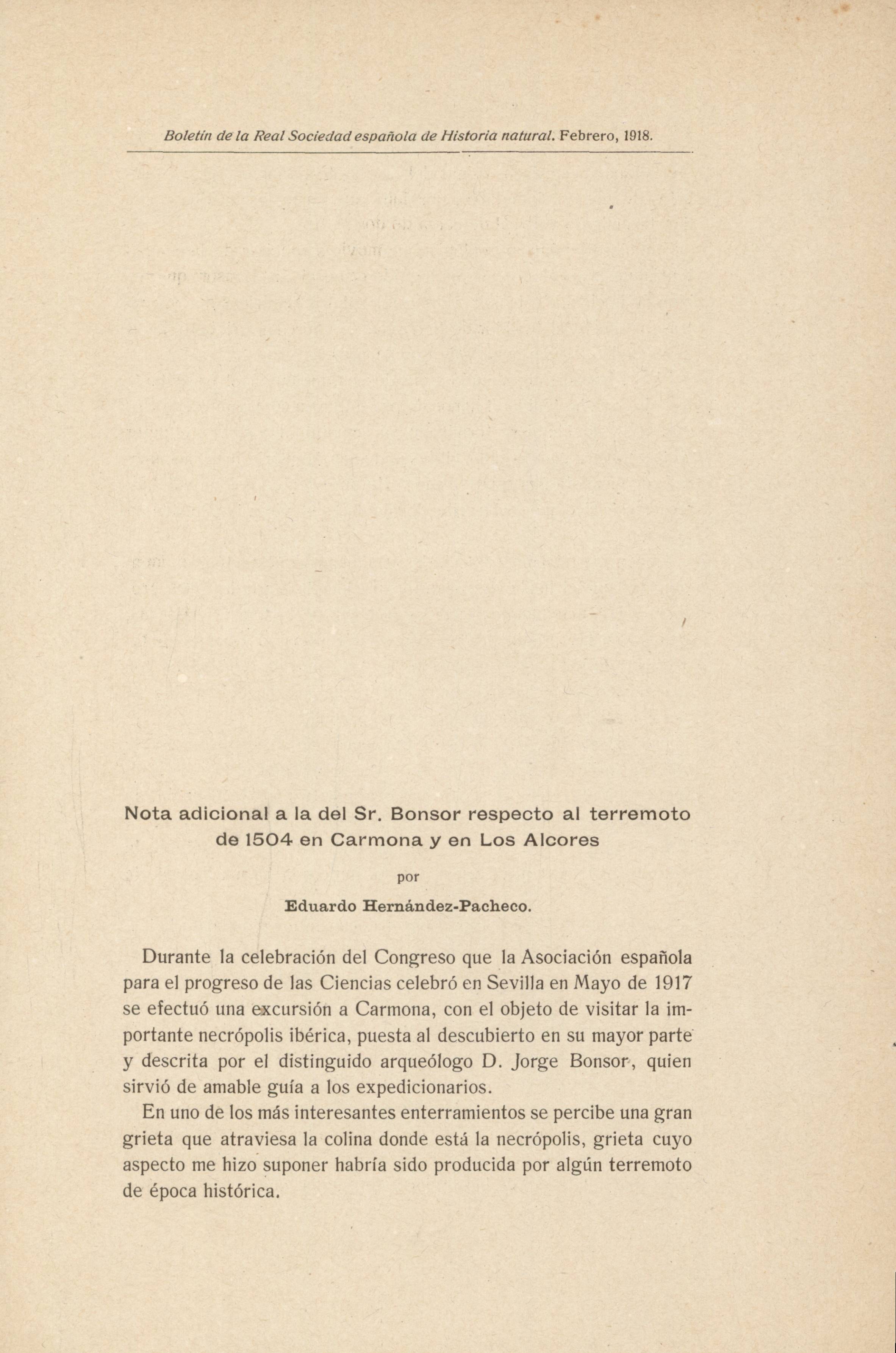 Nota adicional a la del Sr. bonsor respecto al terremoto de 1504 en Carmona y en los Alcores, por Eduardo Hernández-Pacheco