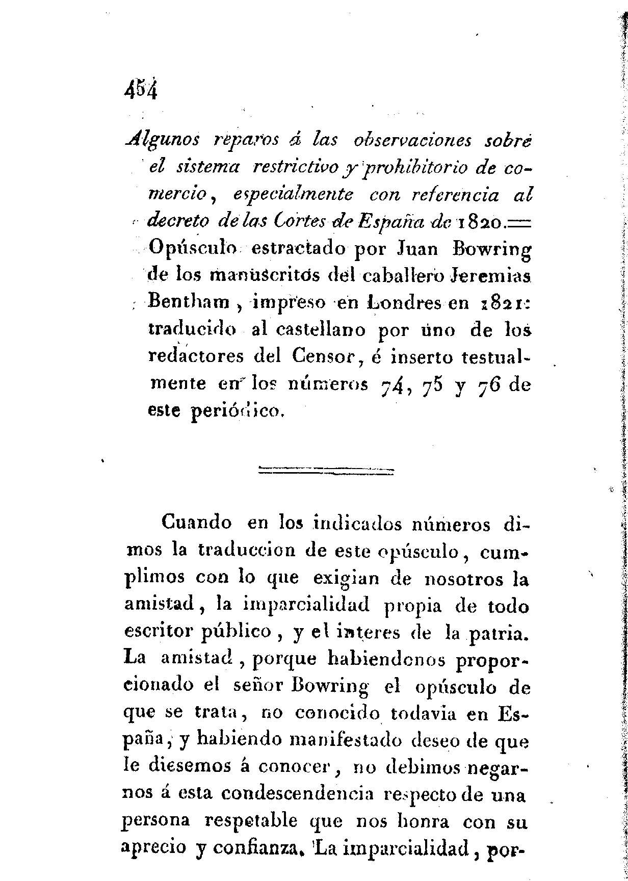 Algunos reparos a las observaciones sobre el sistema restrictivo y prohibitorio de comercio, especialmente con referencia al decreto de las Cortes de España en 1820