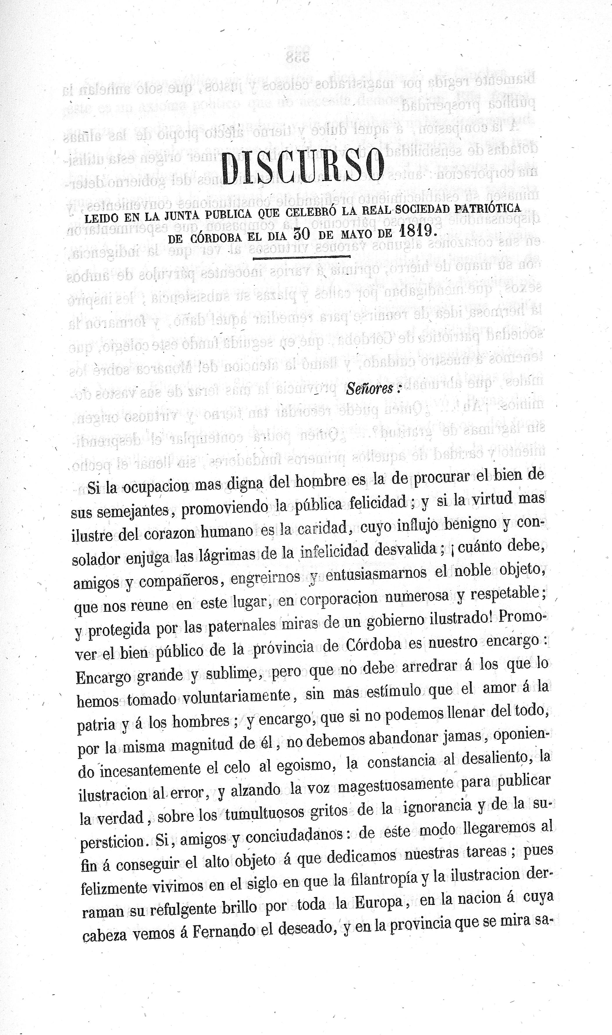 Discurso leído en la Junta Pública que se celebró la Real Sociedad Patriótica de Córdoba el día 30 de mayo de 1819