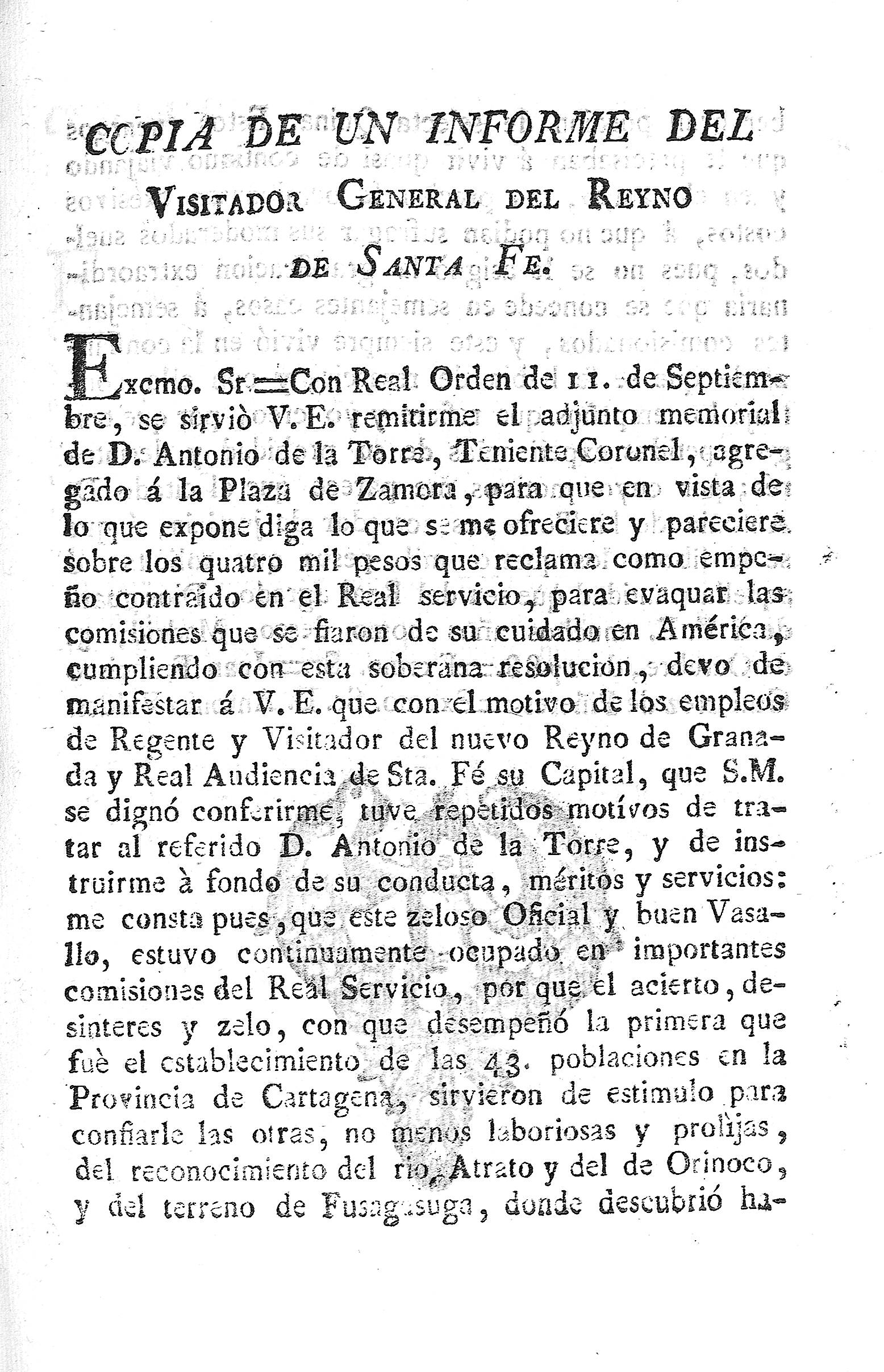 Copia de un informe del visitador General del Reyno de Santa Fe