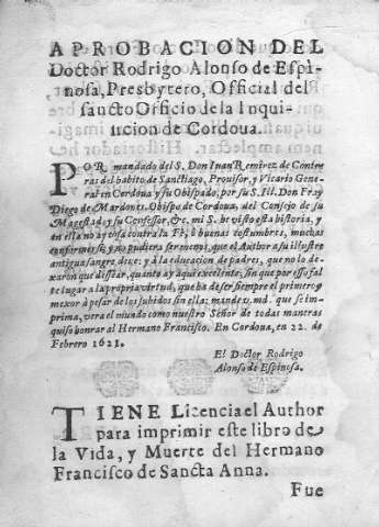 Aprobación del Doctor Rodrigo Alonso de Espinosa, Presbytero, Official del Sancto Officio de la Inquisicion de Cordoba.