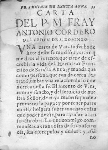Carta del P.M. Fray Antonio Cordero del Orden de S. Domingo.