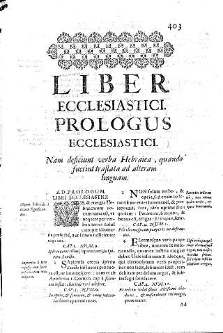 Liber Ecclesiastici. Prologus Ecclesiastici. Nam deficiunt verba Hebraica, quando fuerint traslata ad alteram linguam 