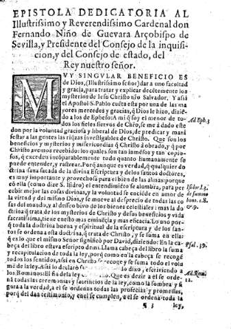 Epistola dedicatoria al Illustrissimo y Reverendissimo Cardenal don Fernando Niño de Guevara Arçobispo de Sevilla