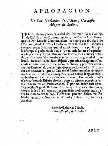 Aprobacion de Luis Tribaldos de Toledo, Coronista Mayor de Indias.