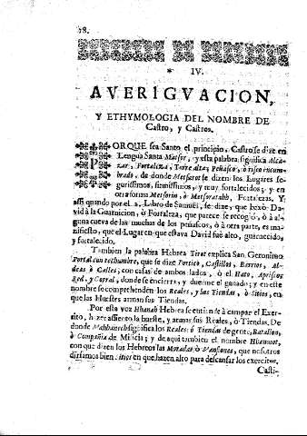 IV. Averiguacon y ethymologia del nombre de Castro y Castros.