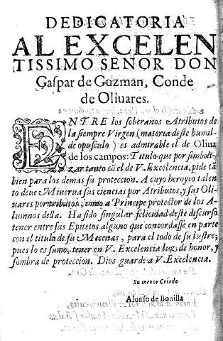 Dedicatoria al Excelentissimo Señor Don Gaspar de Guzmán, Conde de Oliuares