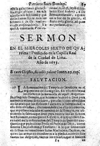 Sermon en el miercoles sexto de quaresma: predicado en la Capilla Real de la Ciudad de Lima. Año de 1673.