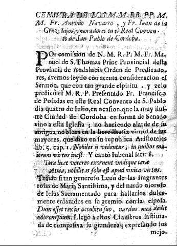 Censura de los M.M. RR. PP. M.M. Fr. Antonio Navarro, y Fr. Ioan de la Cruz, hijos, y moradores en el Real Convento de san Pablo de Cordoba
