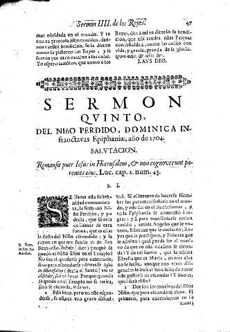 Sermon Qvinto. Del Niño Perdido. Dominica Infraoctavas Epiphaniae, año de 1704