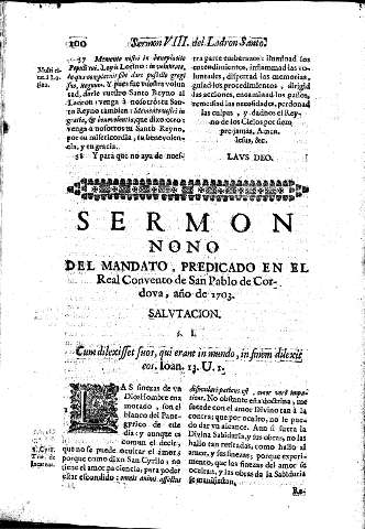 Sermon Nono. Del Mandato, predicado en el Real Convento de San Pablo de Cordova, año de 1703