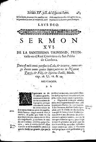 Sermon XVI. De la Santissima Trinidad. Predicado en el Real Convento de San Pablo de Cordova