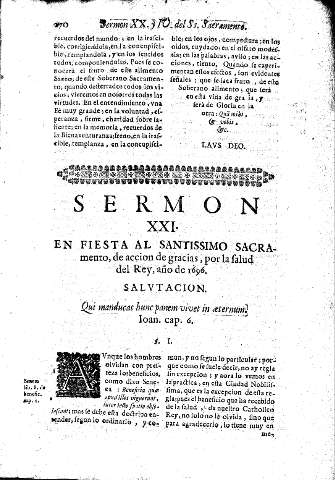 Sermon XXI. En Fiesta al Santissimo Sacramento, de accion de gracias, por la salud del Rey, año de 1696