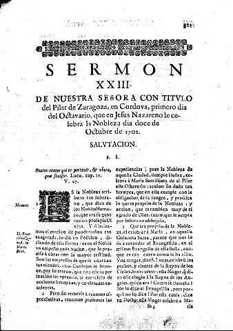 Sermon XXIII. De Nuestra Señora con titvlo del Pilar de Zaragoza, en Cordova
