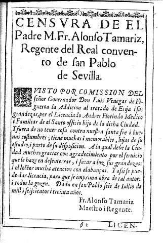 Censura de el Padre M. Fr. Alonso Tamariz, Regente del Real convento de San Pablo de Sevilla.