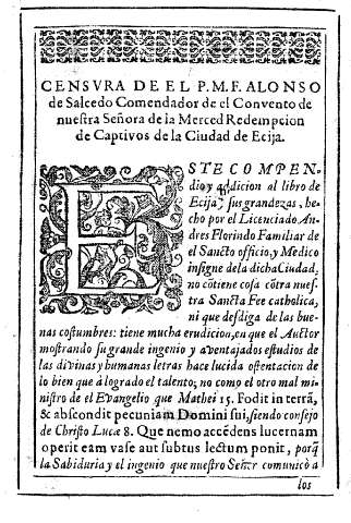 Censura de el P.M. F. Alonso de Salcedo Comendador de el Convento de nuestra Señora de la Merced Redempcion de Captivos de la Ciudad de Ecija