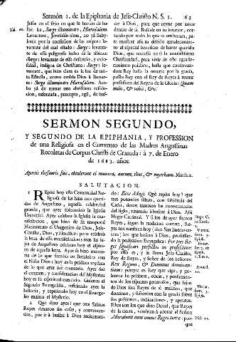 Sermon Segundo, y Segundo de la Epiphania y profession de una religiosa en el Convento de las Madres Augustinas Recoletas de Corpus Christi de Granada