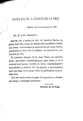 Carta del Sr. D. Ricardo de la Vega