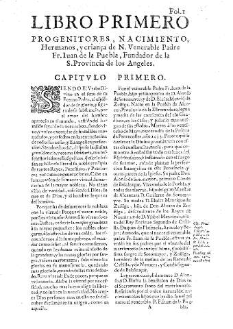 Libro primero progenitores, nacimiento Hermanos, y criança de N. Venerable Padre Fr. Iuan de la Puebla, Fundador de la S. Provincia de los Angeles