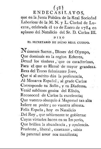 Endecasilavos, que en la Junta Pública de la Real Sociedad Laboriosa de la M.N. y L. Ciudad de Lucena, celebrada el 20 de Enero de 1748 ...