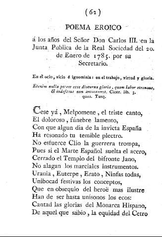 Poema eroico á los años del Señor Don Carlos III. en la Junta Publica de la Real Sociedad del 20. de Enero de 1785. por su Secretario