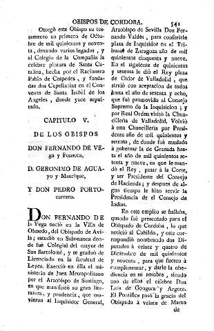 Capitulo V. De los obispos Don Fernando de Vega y Fonseca, D. Geronimo de Aguayo y Manrique, y Don Pedro Portocarrero