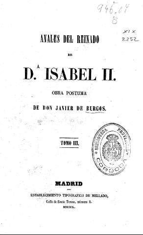 Anales del Reinado de Dª. Isabel II. Obra póstuma de Javier de Burgos. Tomo III.