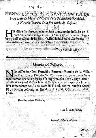 Censura del Reverendissimo padre Fray Luis de Moya, del Orden de la Santissima Trinidad, y Vicario General de la Provincia de Castilla. Licencia del ordinario