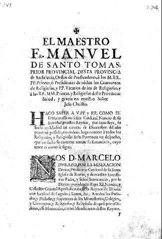 El Maestro Fr. Manuel de Santo Tomás, Prior Provincial desta Provincia de Andalucia ... 