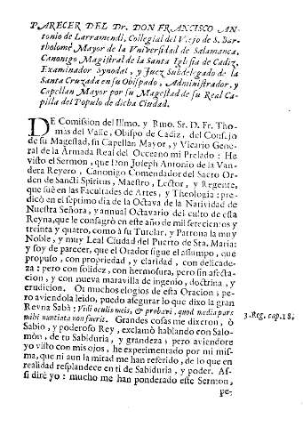 Parecer del Dr. Don Francisco Antonio de Larramendi, Collegial del Viejo de S. Bartholomé Mayor de la Vniversidad de Salamanca ...