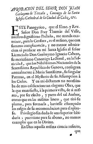 Aprobacion del señor Don Juan Gerònymo de Texada, Canonigo de la Santa Iglesia Cathedral de la Ciudad de Cadiz, etc.