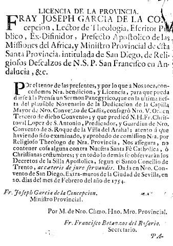 Licencia de la provincia. Fray Joseph Garcia de la Concepcion, Lector de Theologia, Escritor Publico ...